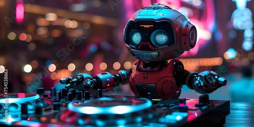 Vibrant Robot DJ Playing Music at a Party. Concept Robot DJ, Party Scene, Vibrant Colors, Music Entertainment, Futuristic Technology