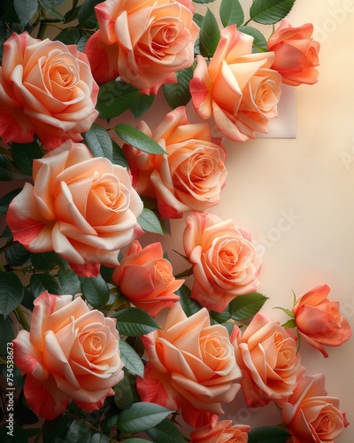 Vivid Orange and Peach Roses with Bright Green Leaves in a Lush Vertical Arrangement on a Cream Background