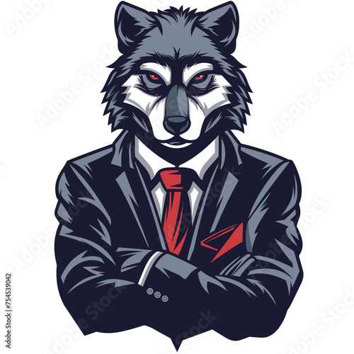 Male businessman wolf in a suit esport vector logotype, wolf logo, wolf icon, wolf sticker, wolf symbol, wolf emblem