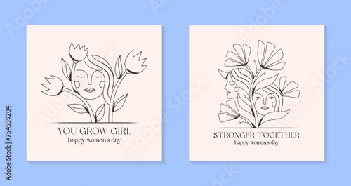 Girly vector illustrations with woman faces.Stylish prints for t shirts,posters,cards with flowers.Linear black and white concepts.Feminism quote and woman motivational slogans.Women's day greetings