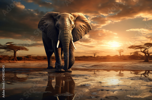 Majestic elephant leading a herd through a misty African savannah at dawn © Canvas Alchemy