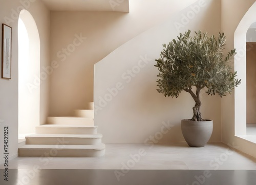 An olive tree in a large pot next to a white staircase inside a room with beige walls