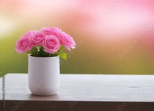 Wallpaper Mural Pink roses in a white vase on a wooden surface with a soft-focus pink and green background Torontodigital.ca