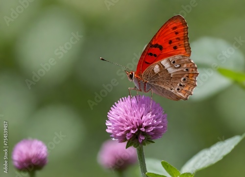 Orange butterfly with white stripes on its wings perched on a purple flower with more yellow flowers and orange leaves in the background © sanart design