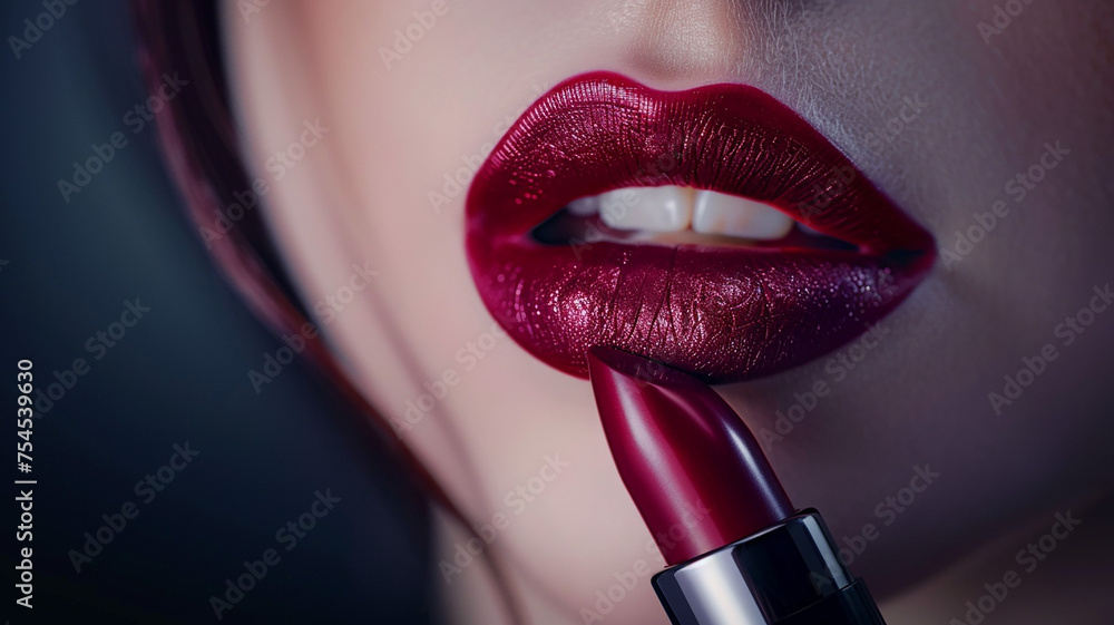 Obraz premium Red Lips Close up. Woman Beauty Face Make up. Glossy Shiny Lipstick Cosmetic. Model with Plump Lips Sexy Mouth