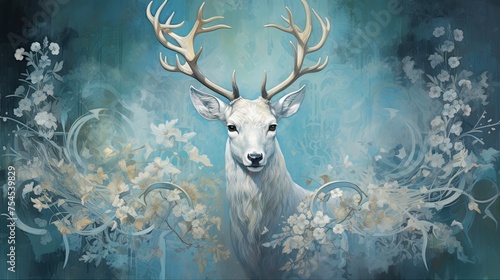 Fantasy painting of a luxury white stag, matt azure blue grunge background