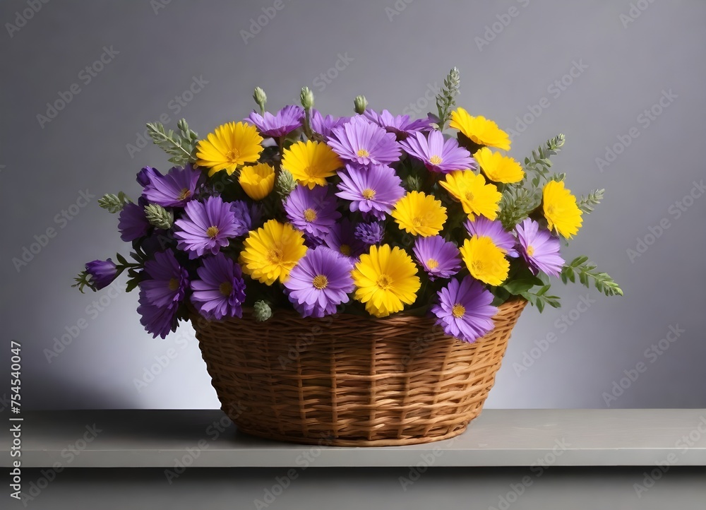 A wicker basket filled with yellow and purple flowers against a gray background