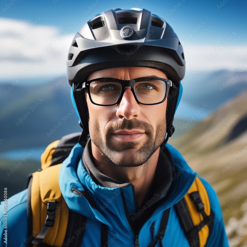 Man wearing helmet and glasses stands confidently before towering mountain backdrop ready for adventure and exploration. He may be gearing up for bicycle ride or some other outdoor activity. Man wearing helmet and glasses stands confidently before towering mountain backdrop ready for adventure and exploration. He may be gearing up for bicycle ride or some other outdoor activity.