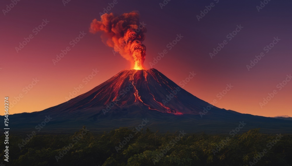 volcanic eruption against the backdrop of sunset or dawn. The concept of postcards, paintings, cataclysm, natural phenomena.