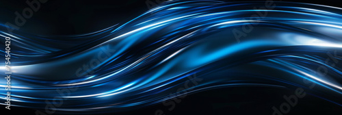 Abstract metallic shiny blue lines on black background. Digital technology communication, 5G, science, music.
