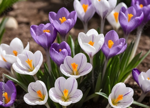 A group of  purple and white crocus flowers with  orange stamens blooming in soil