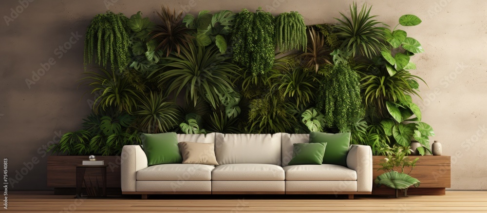 A contemporary living room featuring a comfortable couch and a striking wall of lush green plants, creating a harmonious indoor oasis. The sofa is elegantly designed,