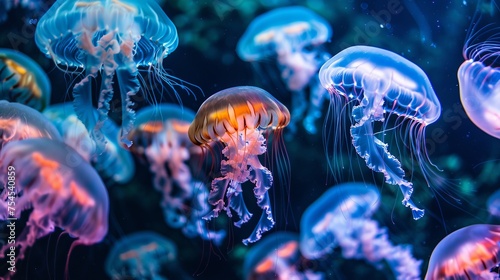A group of colourful luminescent jellyfish swimming in the deep sea