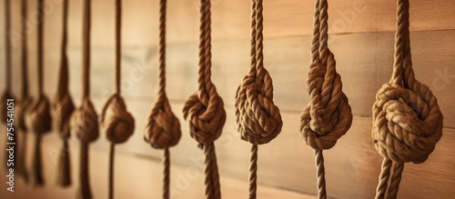 Multiple ropes are hanging down from the side of a wall in a room. The ropes are tied to nails and serve as wall decorations.
