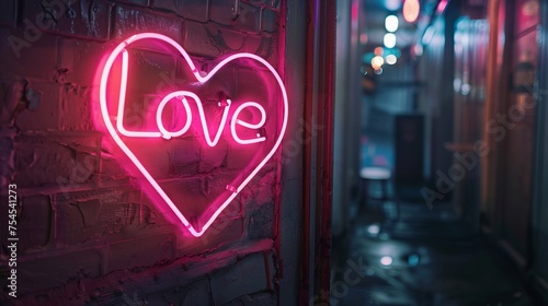 A pink neon sign spelling 'Love' with a heart shape, casting a romantic glow against a dark backdrop