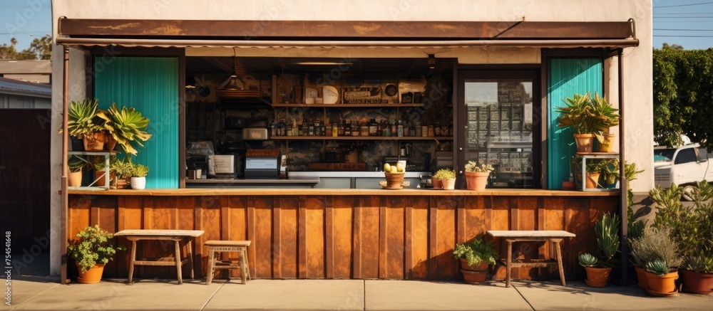 A small outdoor bar setup with various potted plants placed along the exterior. The bar is designed for customers to enjoy drinks and socialize in a casual outdoor setting.