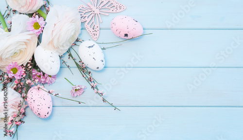 Easter composition of flowers and Easter eggs