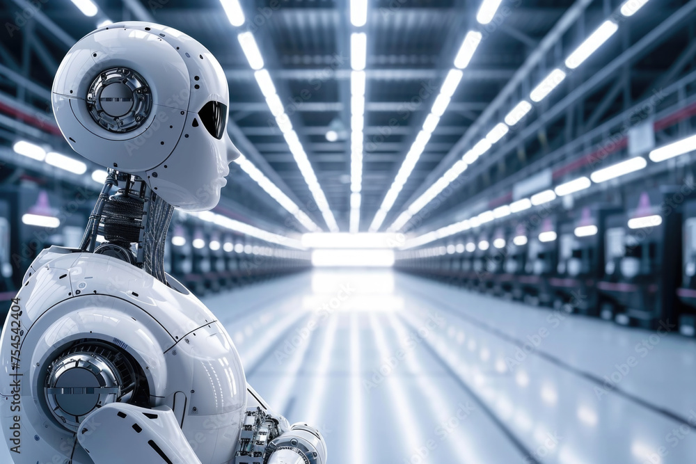 Robot is standing in large, empty room Robot is standing in large, empty room