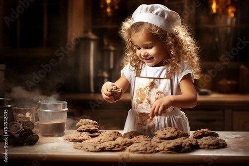 Cheerful Little girl baking cookies. Family fashion food little face bake. Generate Ai