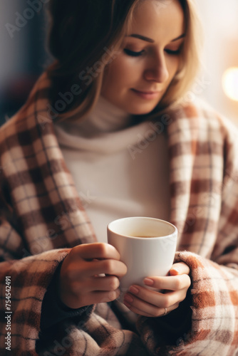Woman is holding white coffee cup while wearing plaid blanket