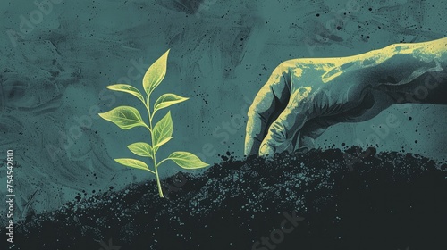 A hand plants a seedling in rich soil, symbolizing the growth of future carbon sinks. photo