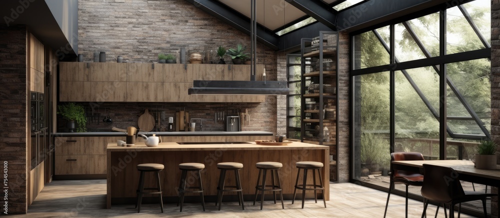 Fototapeta premium A kitchen featuring a stylish bar area with numerous stools for seating. The design blends rustic and modern elements, incorporating both light and dark colors.
