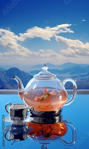 A teapot with a mountain on it sits on a table with a vase of flowers