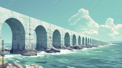 A line of dikes and seawalls shields coastal cities, highlighting engineered solutions. photo