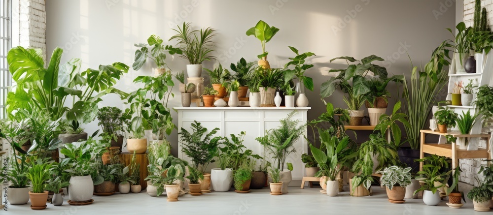 A room with an urban jungle aesthetic, featuring numerous potted plants of various sizes and species filling the space. A room with an urban jungle aesthetic, featuring numerous potted plants of various sizes and species filling the space.