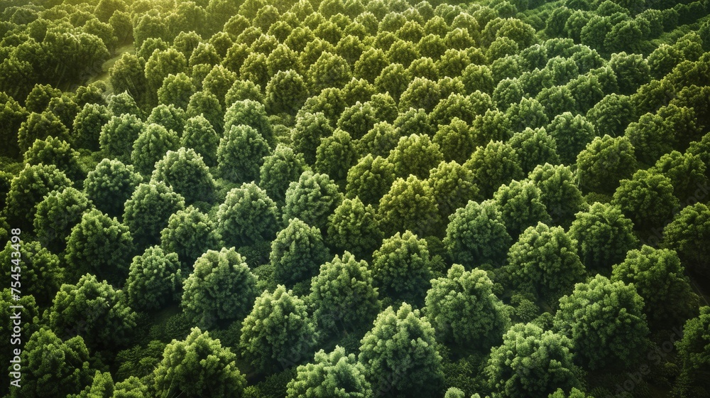 A bird's-eye view of a reforestation initiative, where every tree symbolizes a move towards climate action. - obrazy, fototapety, plakaty 