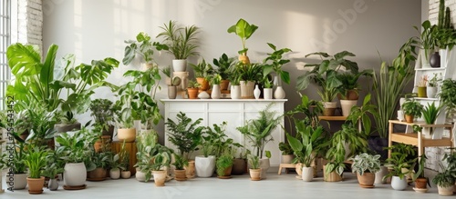 A room with an urban jungle aesthetic, featuring numerous potted plants of various sizes and species filling the space.