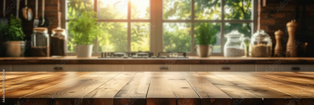 Empty beautiful wood table top counter and blur bokeh modern kitchen interior background Empty beautiful wood table top counter and blur bokeh modern kitchen interior background