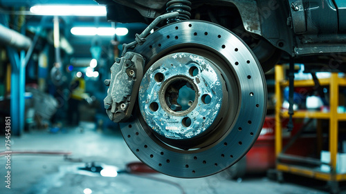 Disc brake of the vehicle for repair, in the process of new tire replacement. Car brake repairing in the garage.Suspension of car for maintenance brakes and shock absorber systems. Close up.