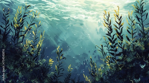 An underwater scene of a kelp forest and marine algae  highlighting their roles in oceanic carbon sequestration.