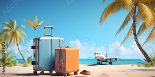 A blue suitcase is on the beach next to an airplane