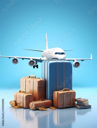 A blue suitcase is on the blue background next to an airplane