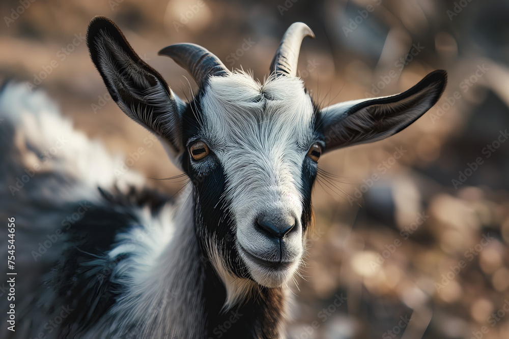 The face of a goat or goat grey with black color close-up on nature background on livestock farm on sunny day