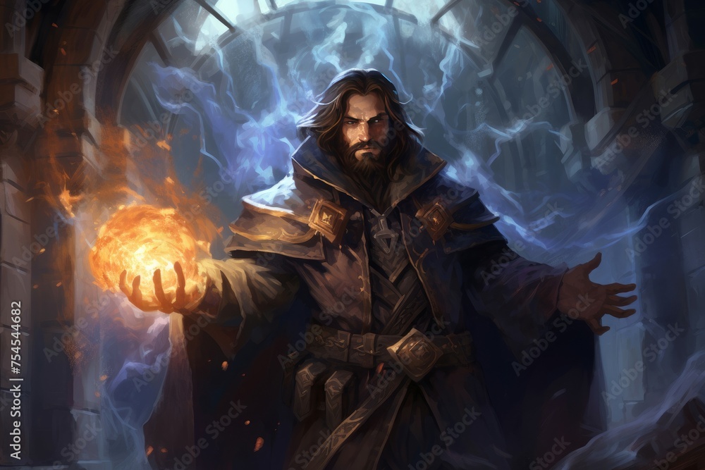 Fototapeta premium Supernatural Mage adult man fantasy dungeon. Wizard power. Generate Ai