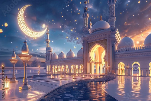 Ramadan Kareem background with mosque and crescent. 3d rendering, Ai generative