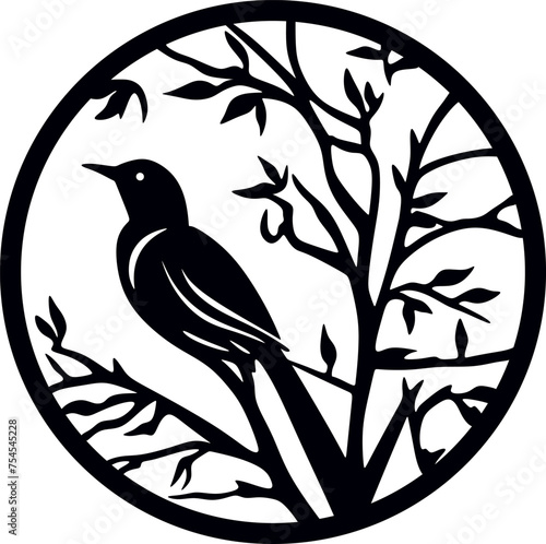 bird on a tree branch. Black and white layout for laser cutting on wood and vinyl. Wall decoration for a stylish room. photo