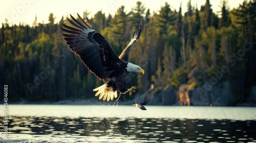 the eagle is looking for prey in the water photo
