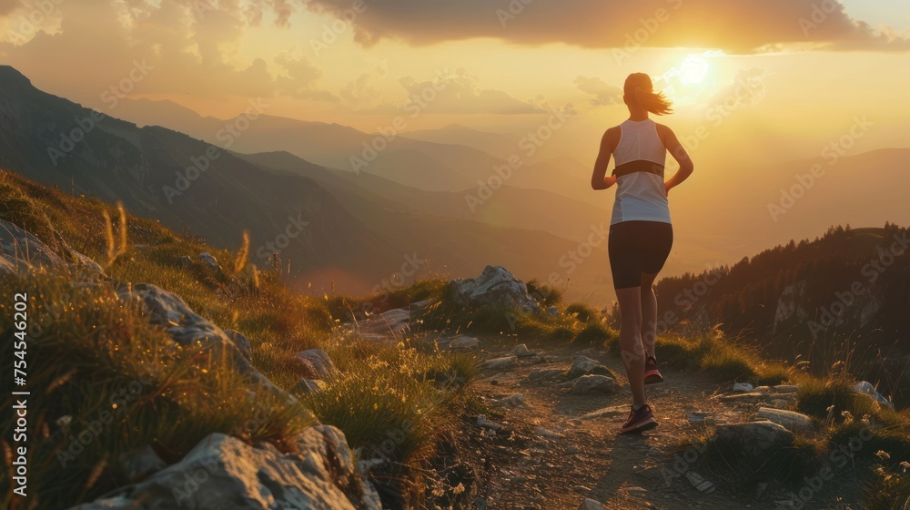 woman is jogging towards the top of the mountain