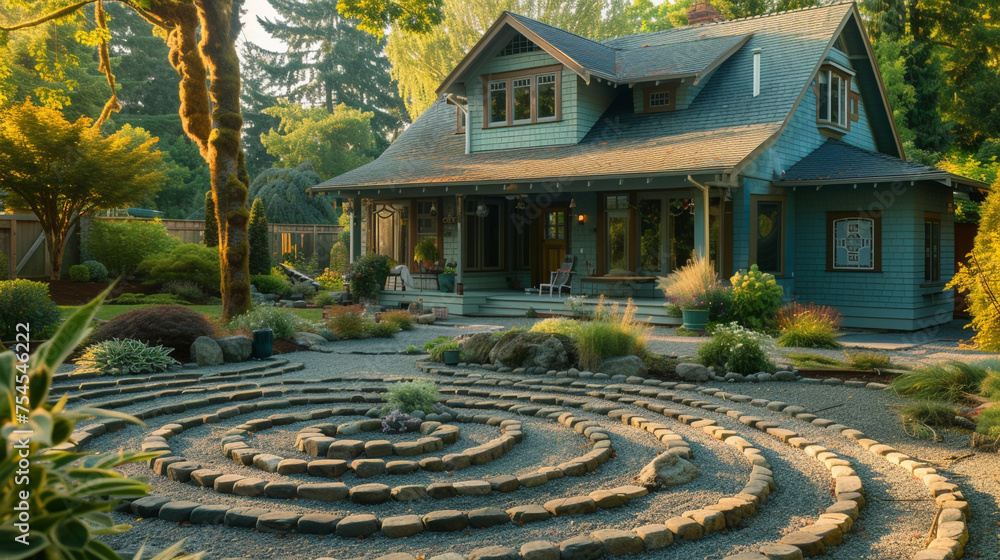 A craftsman style house in a serene turquoise, with a backyard featuring a stone labyrinth 