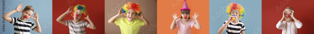 Collage of funny children in disguise on color background. April Fools' Day Collage of funny children in disguise on color background. April Fools' Day