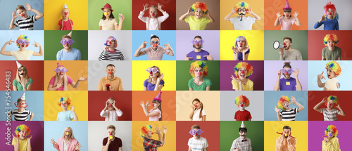 Collage of many funny people in disguise on color background. April Fools' Day photo
