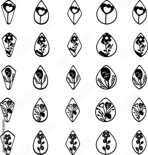 Set of black silhouettes of flowers and plants. Vector illustration. Minimalist collection of flowers, in boho style. Laser cutting, mock-up of earrings and designs