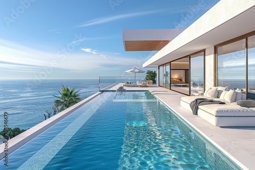 A large pool with a white house overlooking the ocean