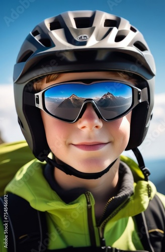 Young boy wearing helmet and sunglasses glasses stands confidently before towering mountain backdrop ready for adventure, exploration. He may be gearing up for bicycle ride, other outdoor activity. © Anzelika