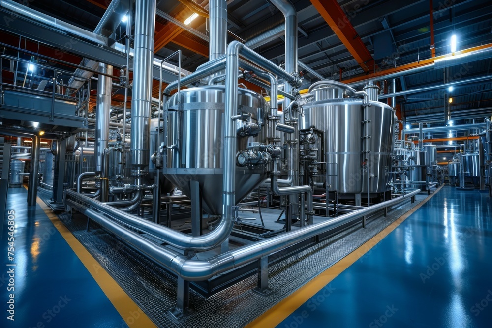 A large industrial building with a lot of pipes and tanks A large industrial building with a lot of pipes and tanks