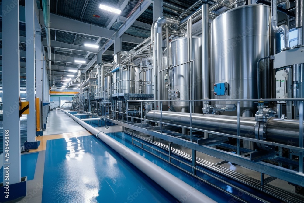 A large industrial building with a blue floor and a lot of machinery A large industrial building with a blue floor and a lot of machinery